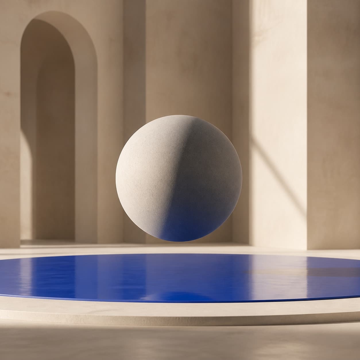 A pale stone sphere floating above a cobalt plane in an ivory room.