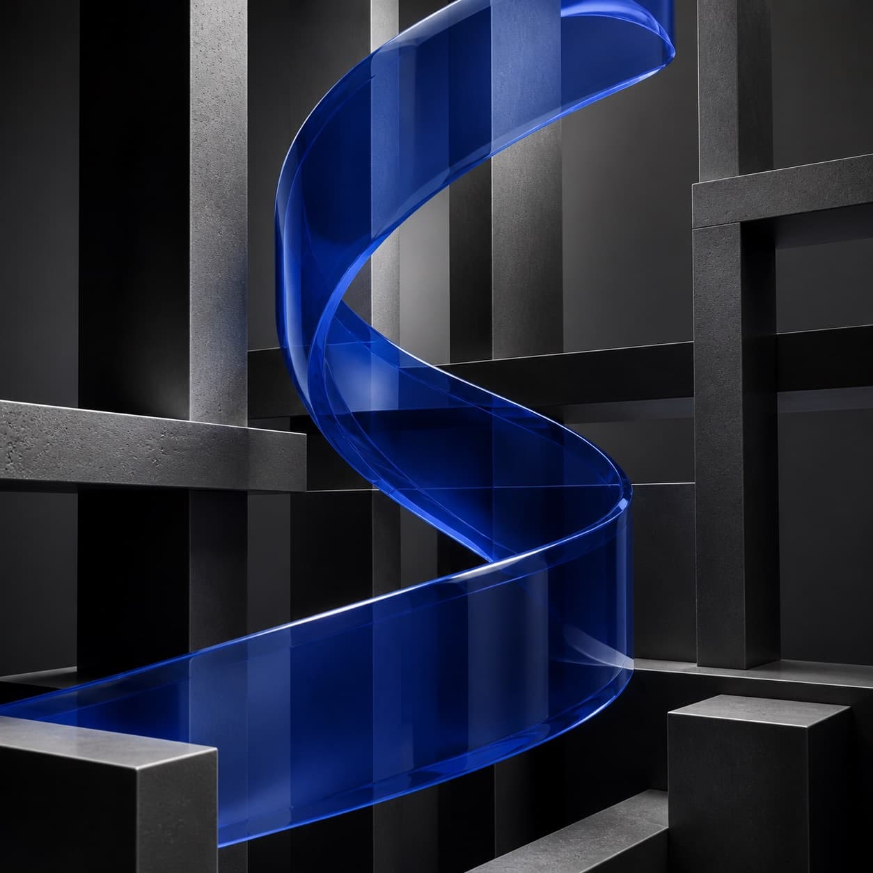 A translucent blue ribbon weaving through a charcoal architectural grid.